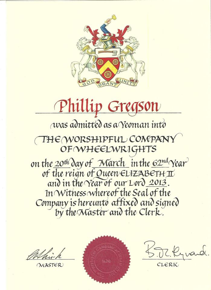 Phill's Yeoman wheelwright certificate for the Worshipful Company of Wheelwright's